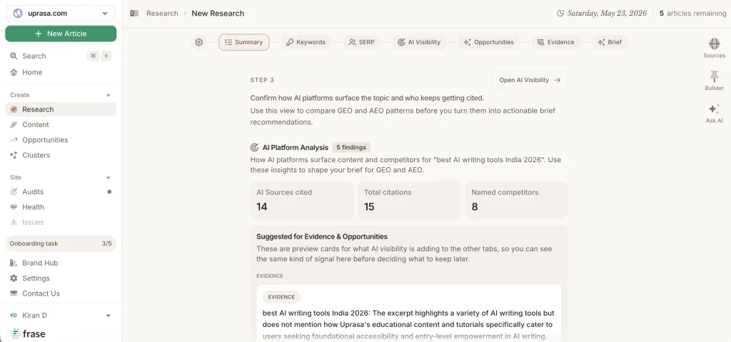 Frase AI Visibility screen showing citations and named competitor findings for a research topic.