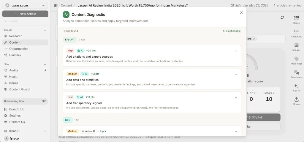 Frase Content Diagnostic listing suggestions for citations, data, and transparency signals.