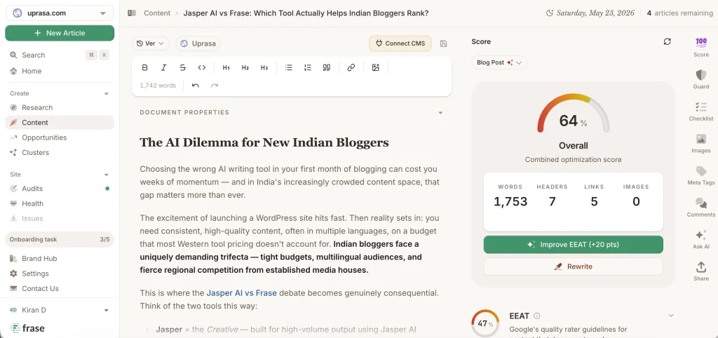 Frase content editor showing a generated article and an overall optimization score of 64 percent.