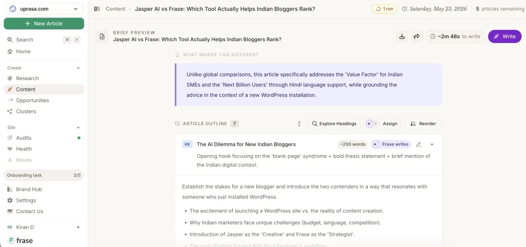 Frase brief preview for a Jasper versus Frase article aimed at Indian bloggers.
