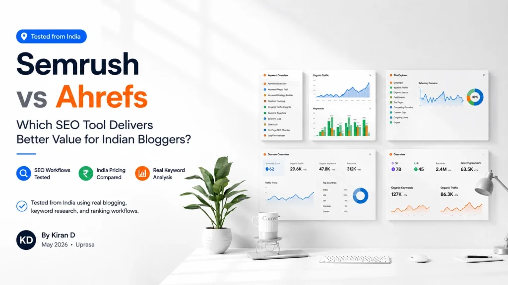 Semrush vs Ahrefs SEO tool comparison graphic for Indian bloggers