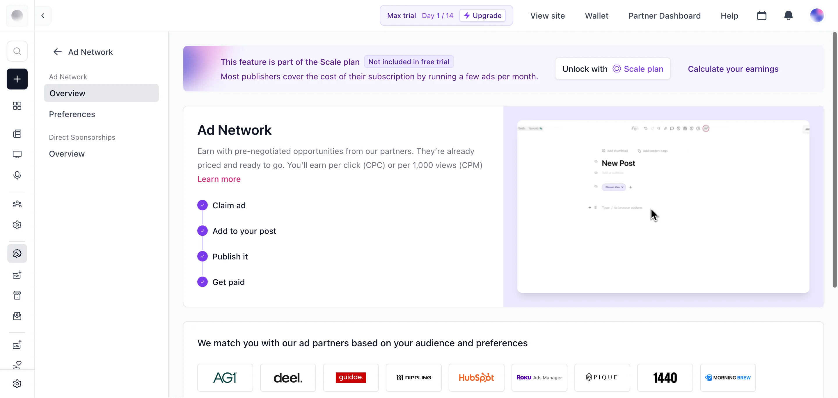 Ad Network screen showing Scale plan requirement (not included in free trial). Partner brands shown: AG1, Deel, Guidde, Rippling, Roku Ads Manager, Pique, 1440, Morning Brew. Earn per click (CPC) or per 1,000 views (CPM). Four-step process: Claim ad → Add to post → Publish → Get paid