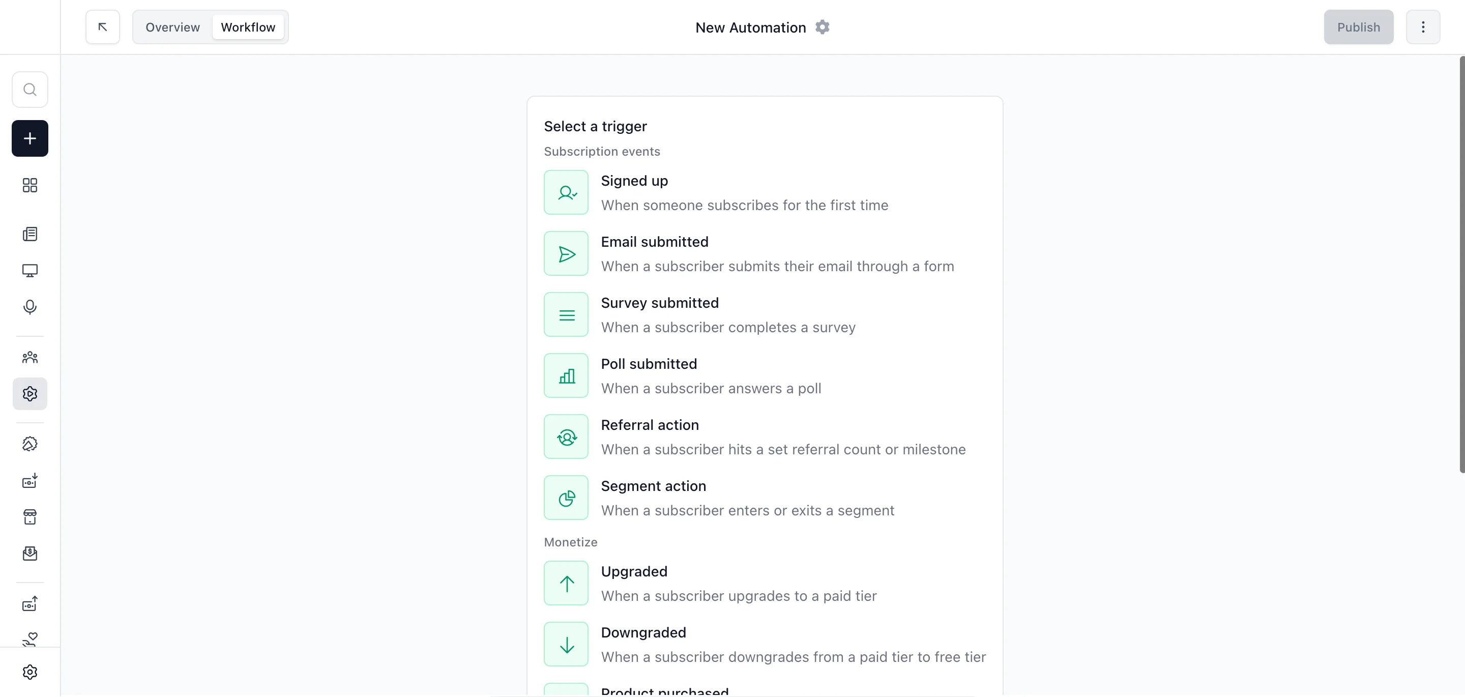 Automation trigger selection screen showing subscription events: Signed up, Email submitted, Survey submitted, Poll submitted, Referral action, Segment action, Upgraded (paid tier), Downgraded, Product purchased