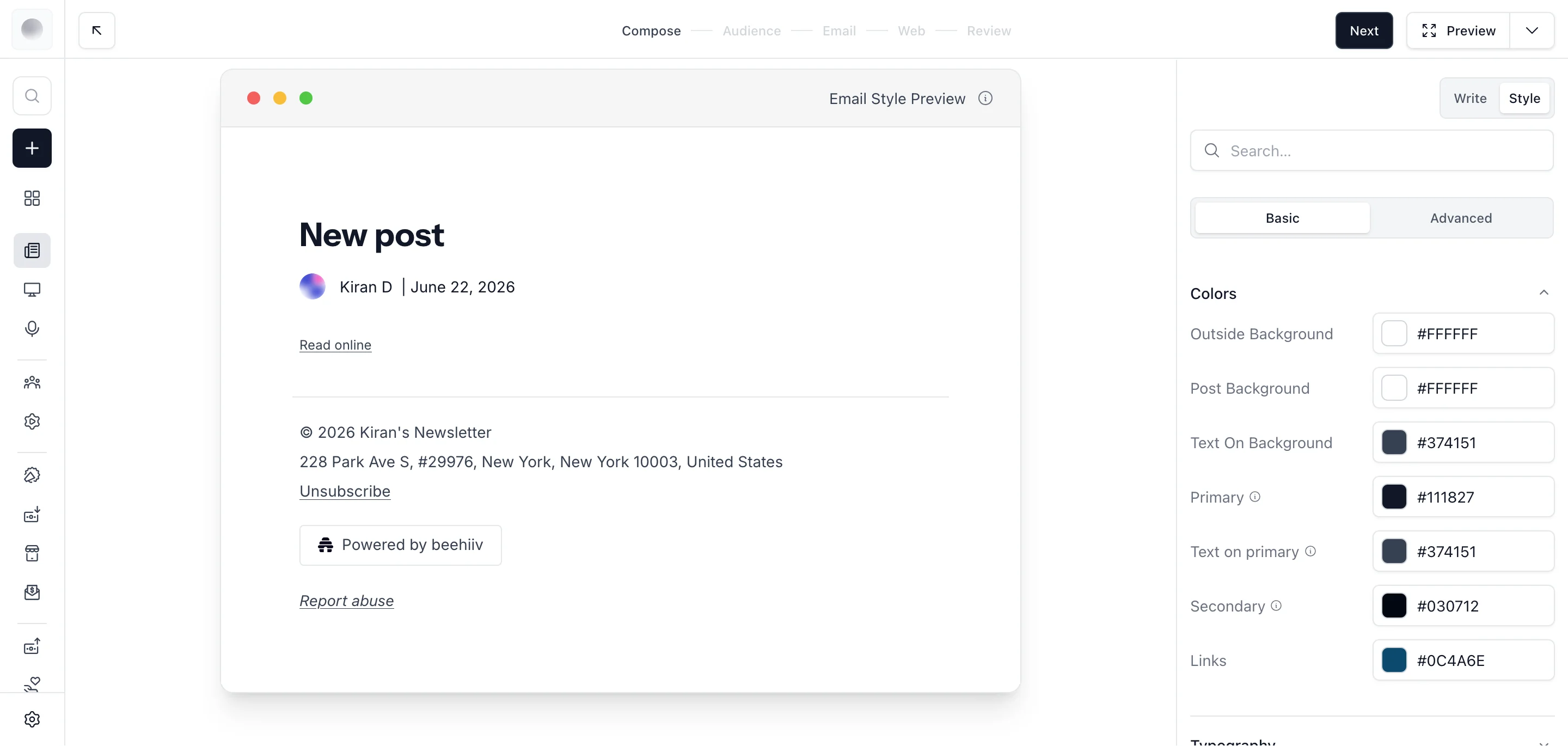 Style tab showing full colour controls: Outside Background, Post Background, Text On Background, Primary, Text on primary, Secondary, Links — all set to hex values. Write/Style tab toggle visible