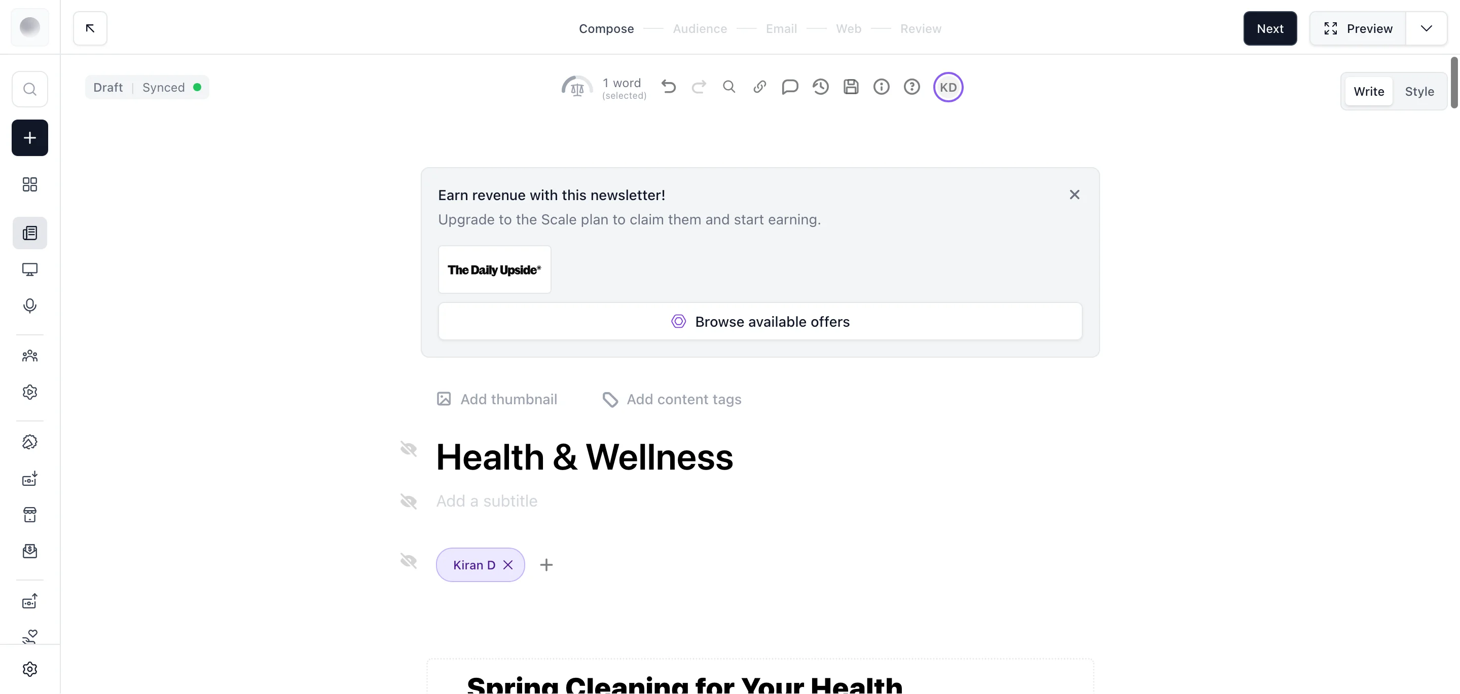 Editor showing "Spring Cleaning for Your Health" post with content tag (Health & Wellness), thumbnail option, subtitle field, author "Kiran D", and step flow: Compose → Audience → Email → Web → Review. Ad revenue earn prompt visible in right panel
