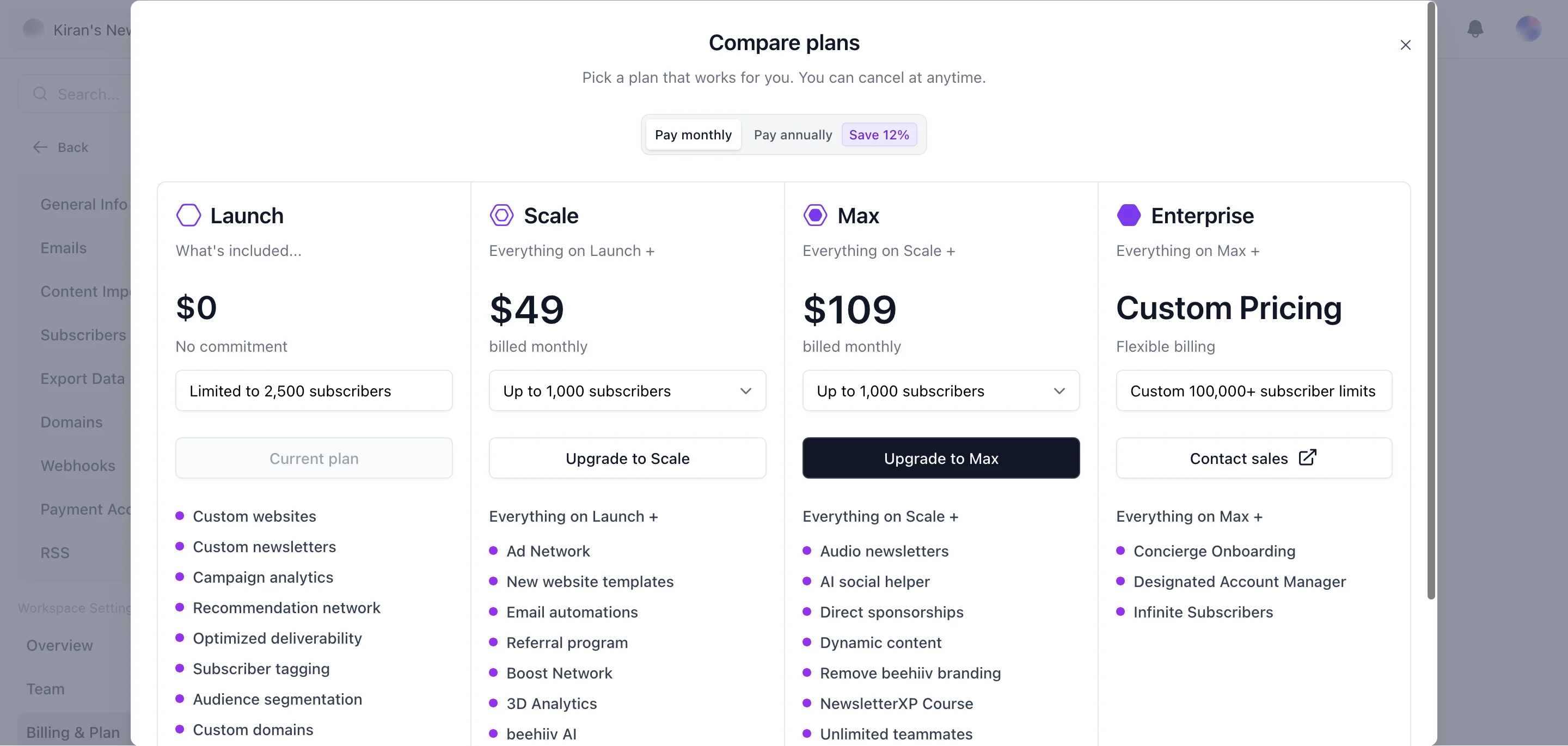 Pricing comparison showing four plans: Free ($0, up to 2,500 subscribers), Scale ($49/month, up to 1,000 subscribers shown at base), Max ($109/month), Enterprise (custom). Annual billing saves 12%. Key features per plan visible