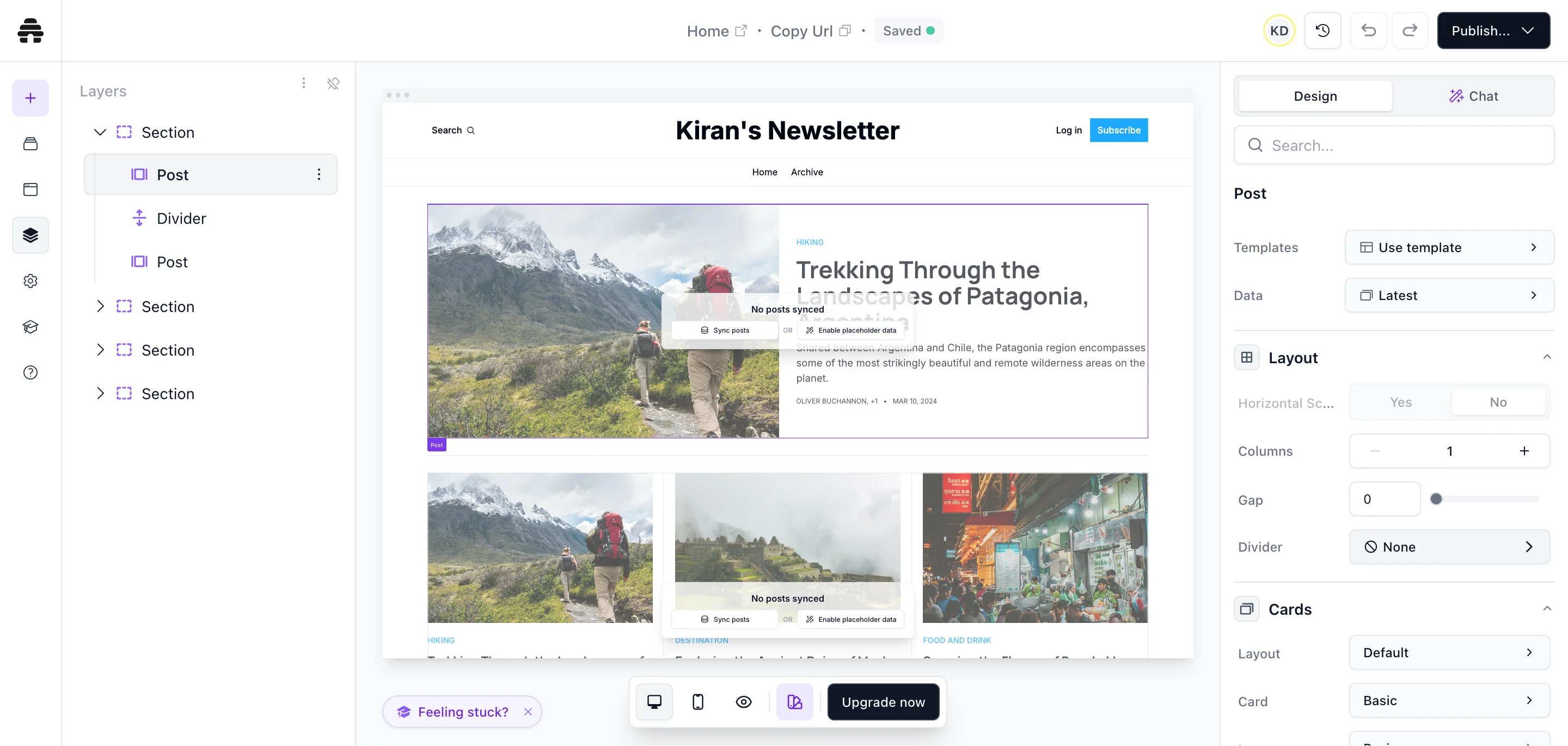 Visual drag-and-drop website builder showing full page layout editing interface