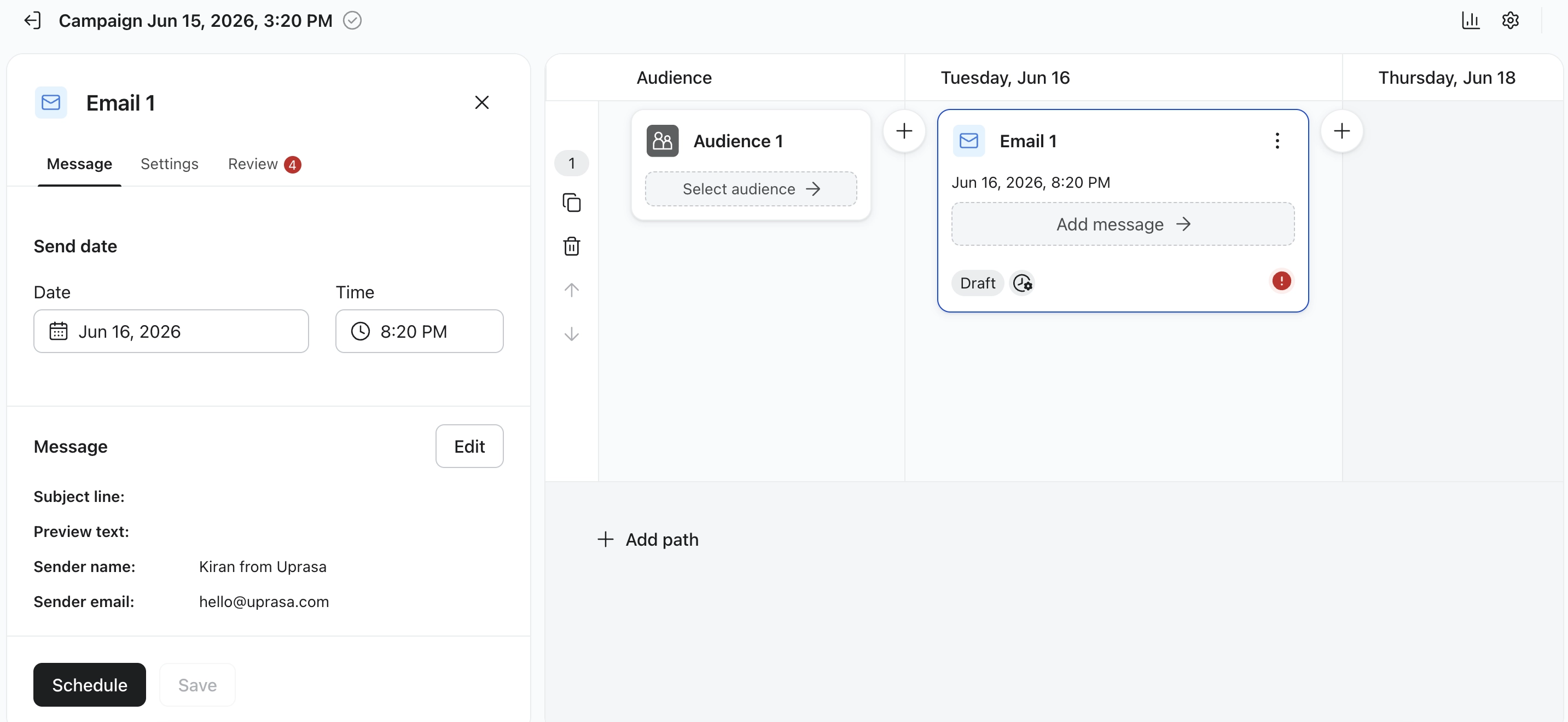 Klaviyo campaign creation screen showing audience selection, scheduling, sender name, and sender email.