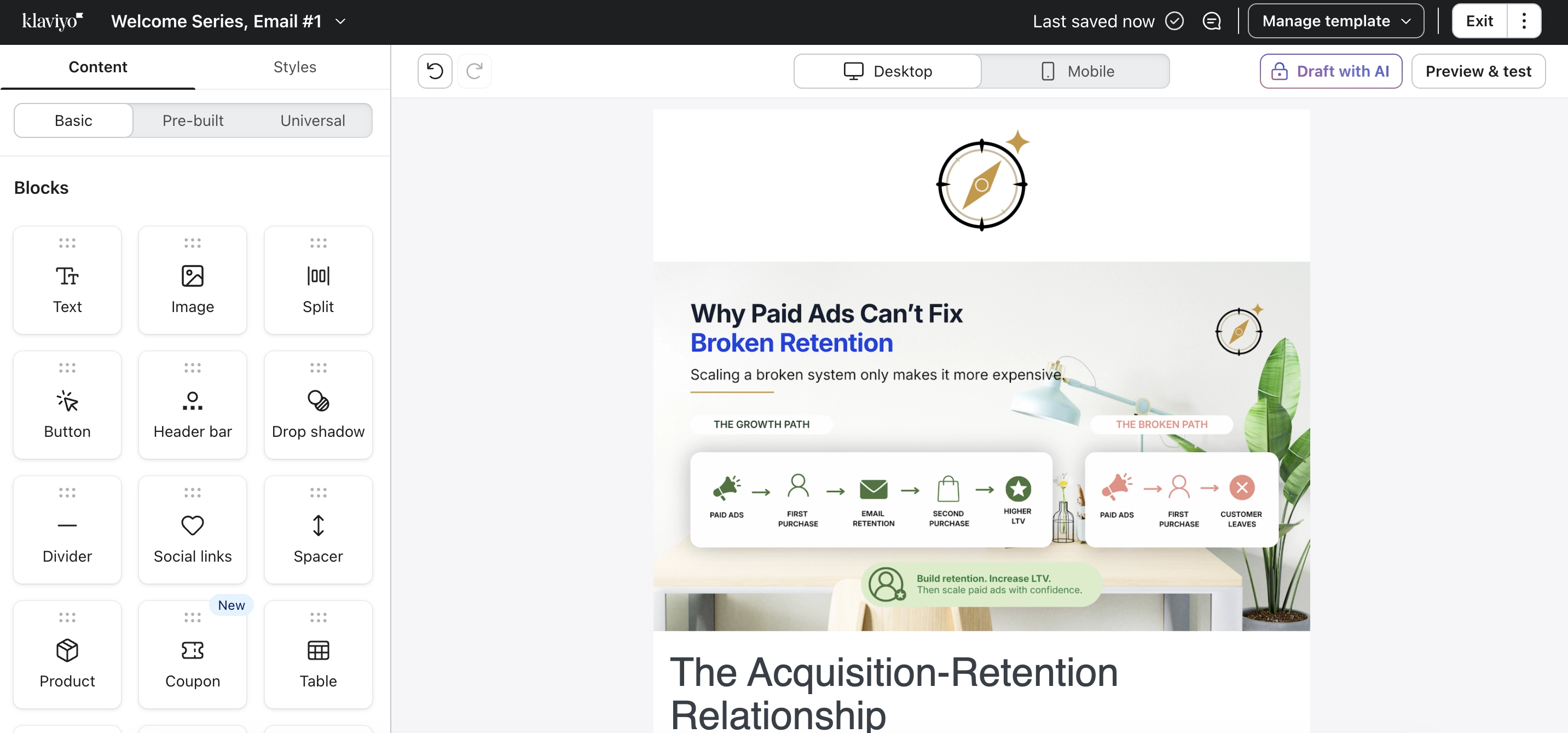 Klaviyo email editor showing a welcome email, content blocks, desktop mobile toggle, and AI draft option.