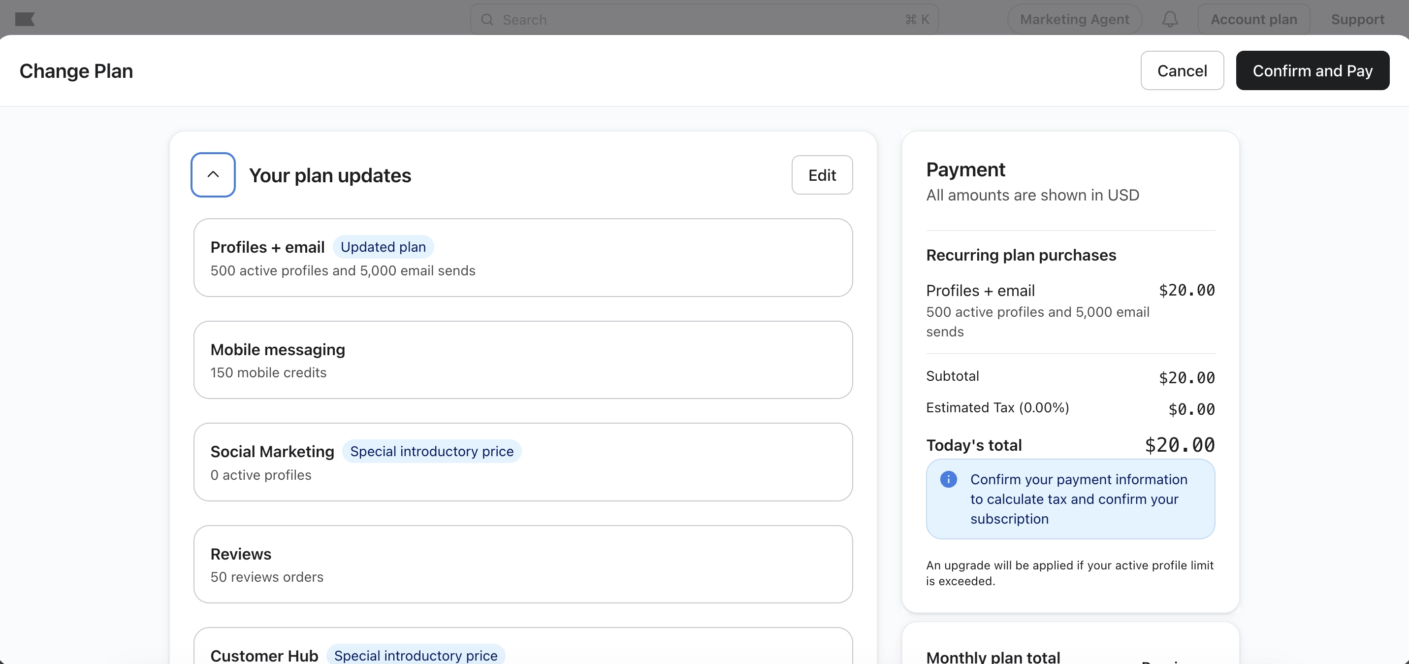 Klaviyo pricing screen showing 500 active profiles, 5000 email sends, and 20 dollars per month.
