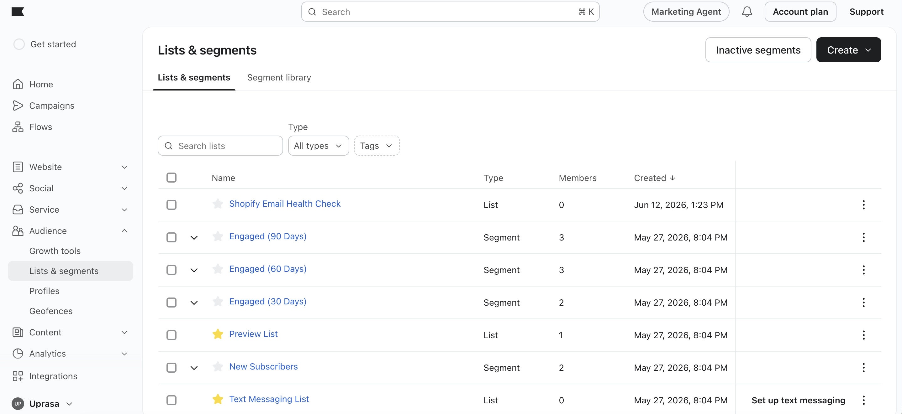 Klaviyo lists and segments screen showing pre-built engaged segments and subscriber lists.