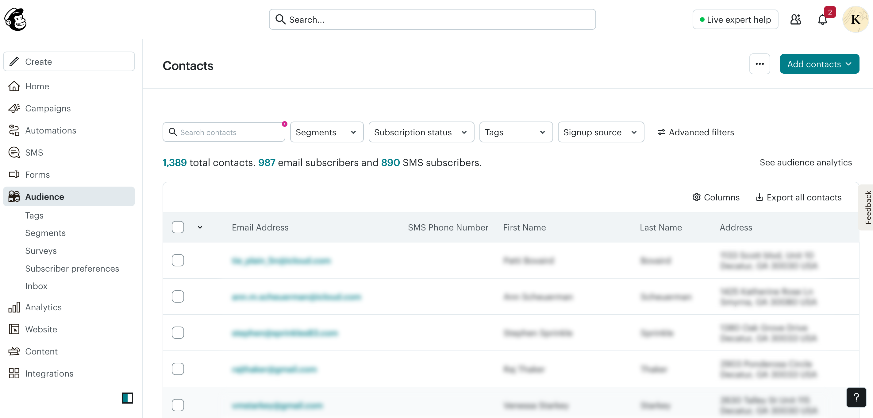 Mailchimp contacts screen showing total contacts, email subscribers, SMS subscribers, filters, and export contacts option.