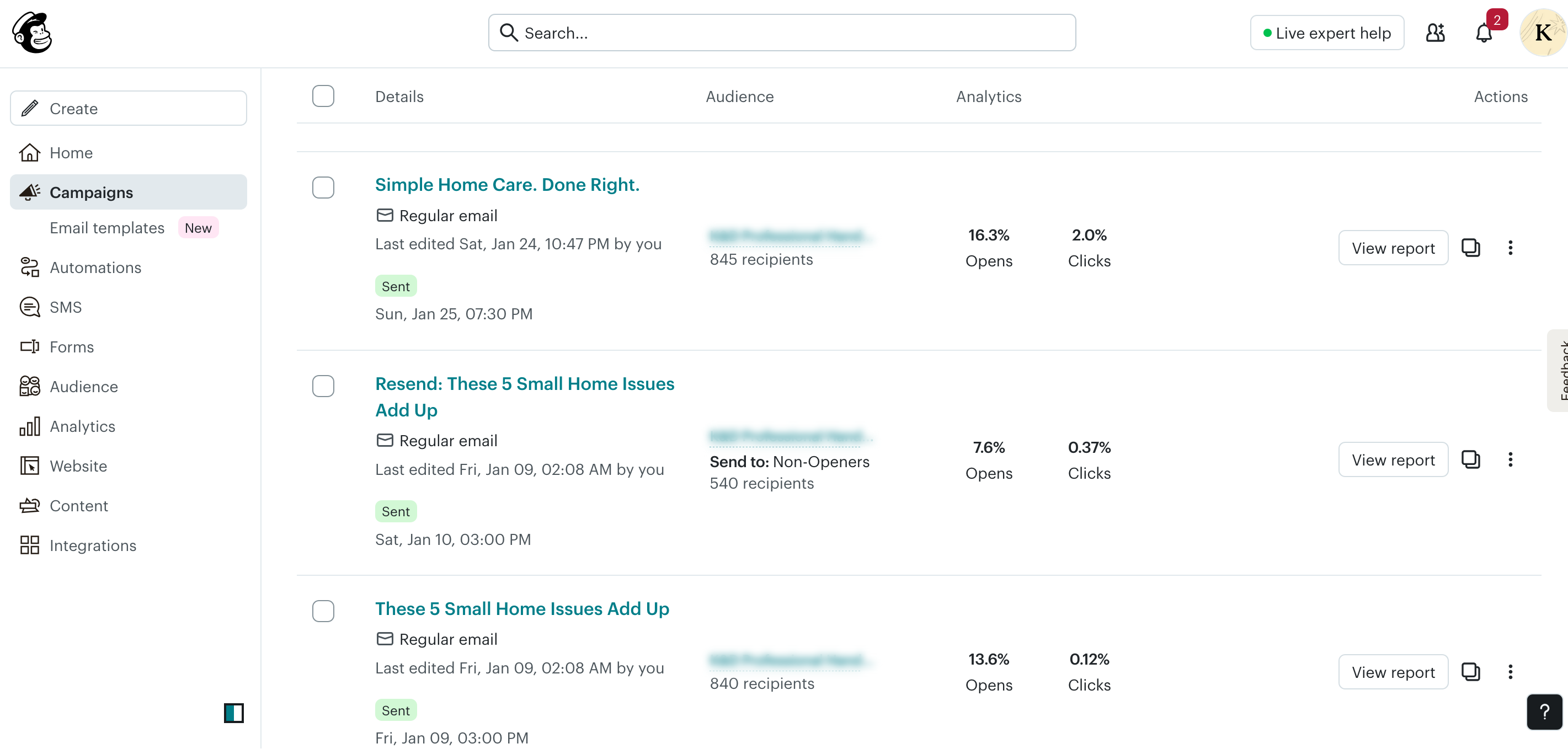 Mailchimp campaigns list showing sent campaigns with recipient count, open rate, click rate, and a resend to non-openers campaign.