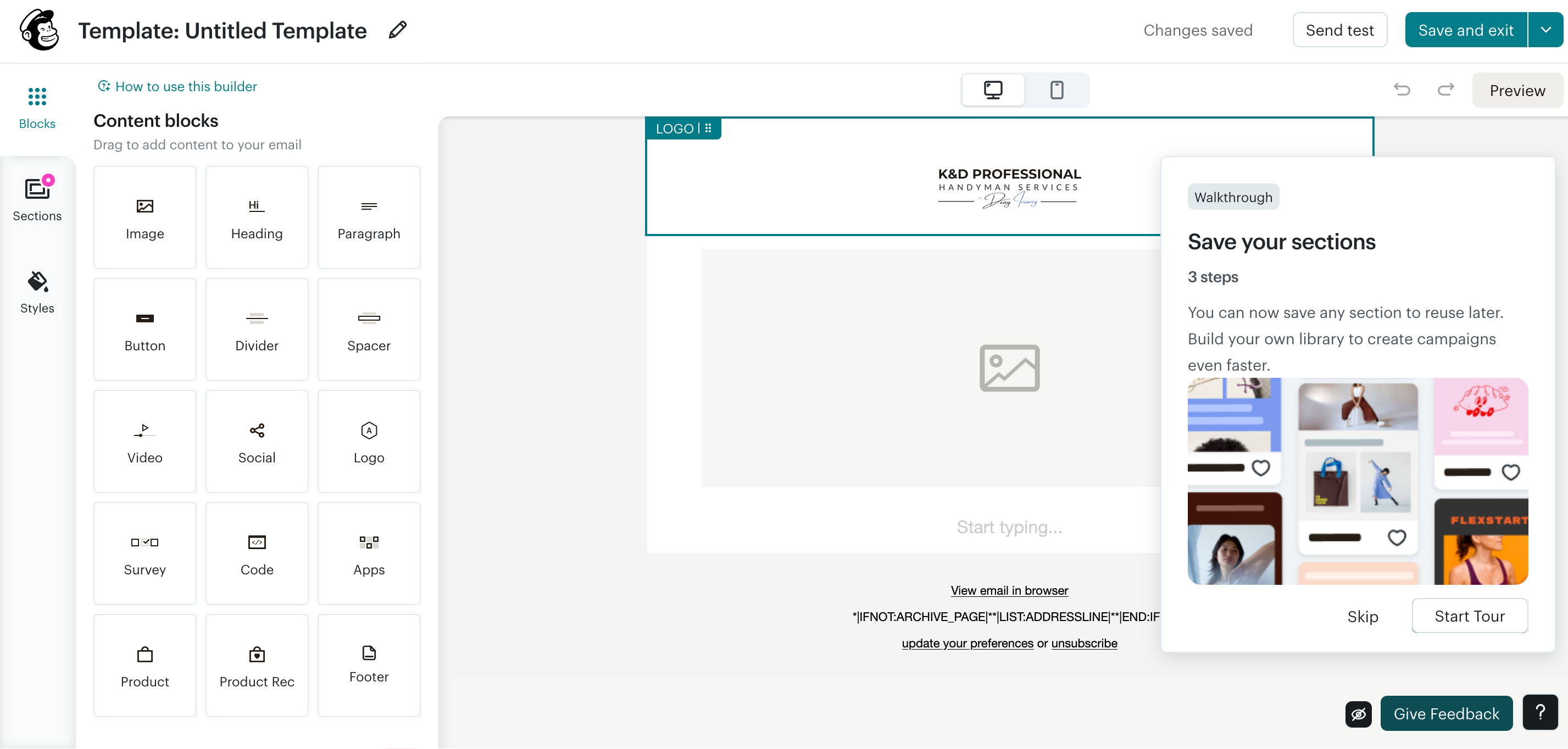 Mailchimp email builder showing content blocks, desktop and mobile toggle, autosave, and walkthrough tooltip.